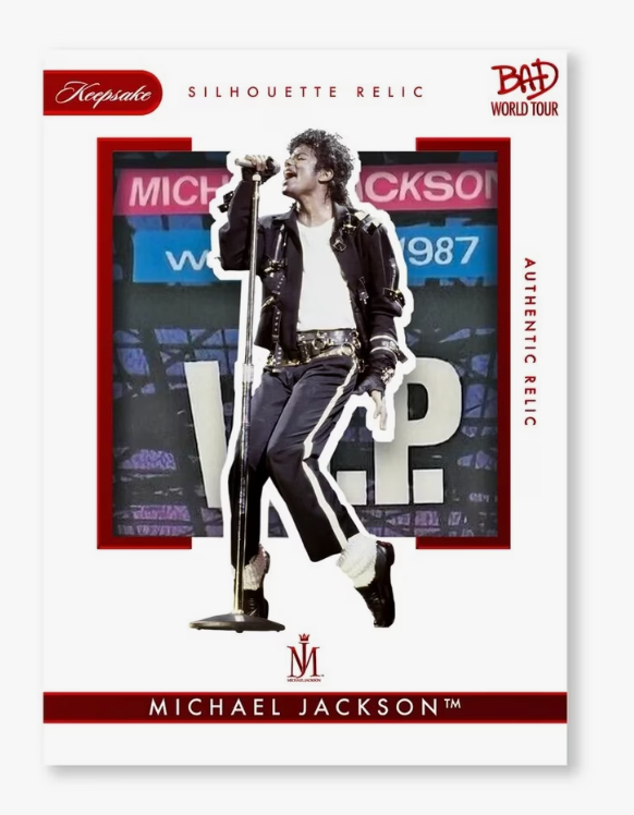 A collectible trading card featuring a cutout silhouette of Michael Jackson performing live on stage, with the text 'SILHOUETTE RELIC' at the top and 'MICHAEL JACKSON' at the bottom. The card has a white border with red and black accents and logos for 'Neptune' and 'Bad World Tour'.