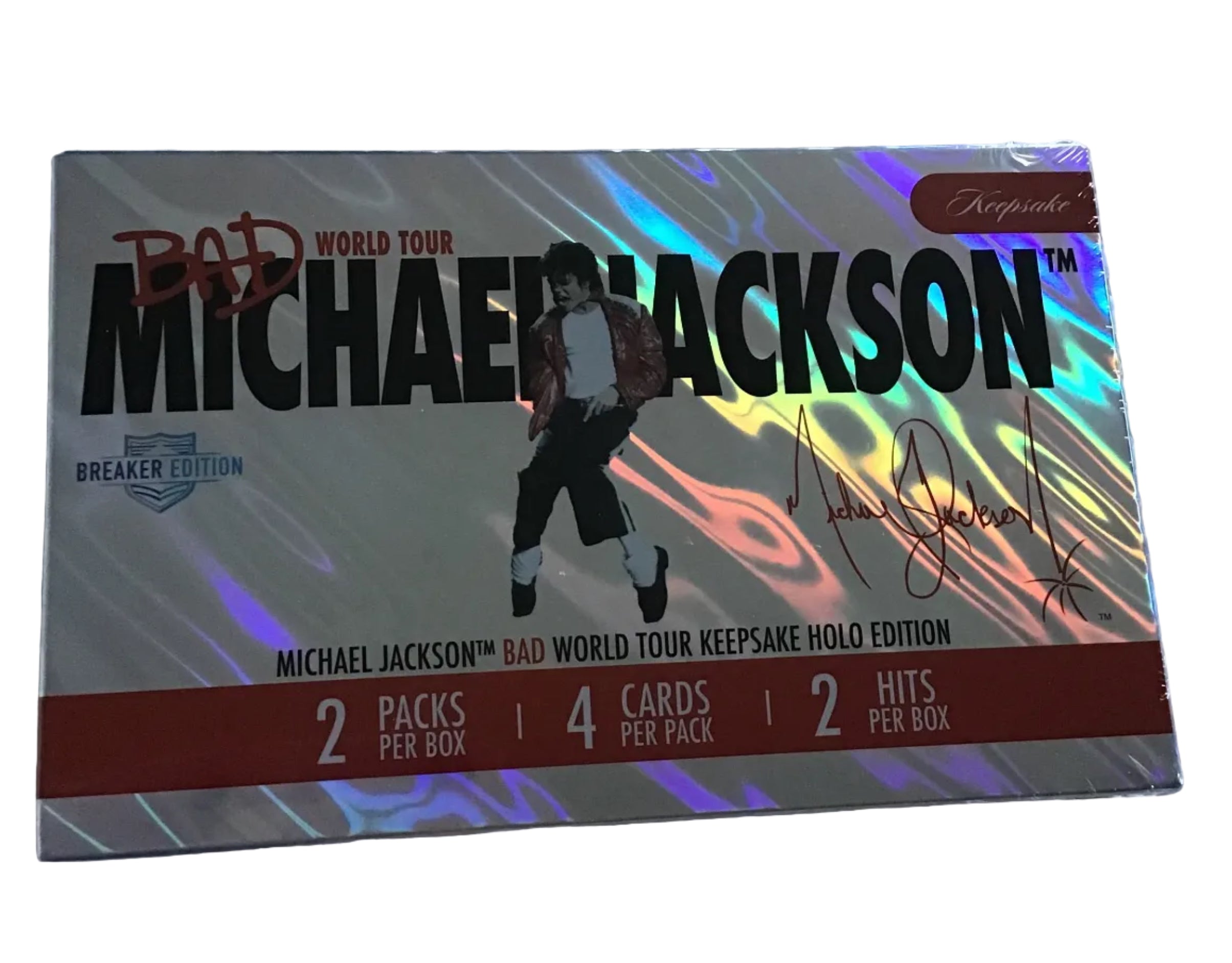 A sealed Michael Jackson 'Bad' Breaker Edition 2-pack trading card box with a holographic silver cover. 