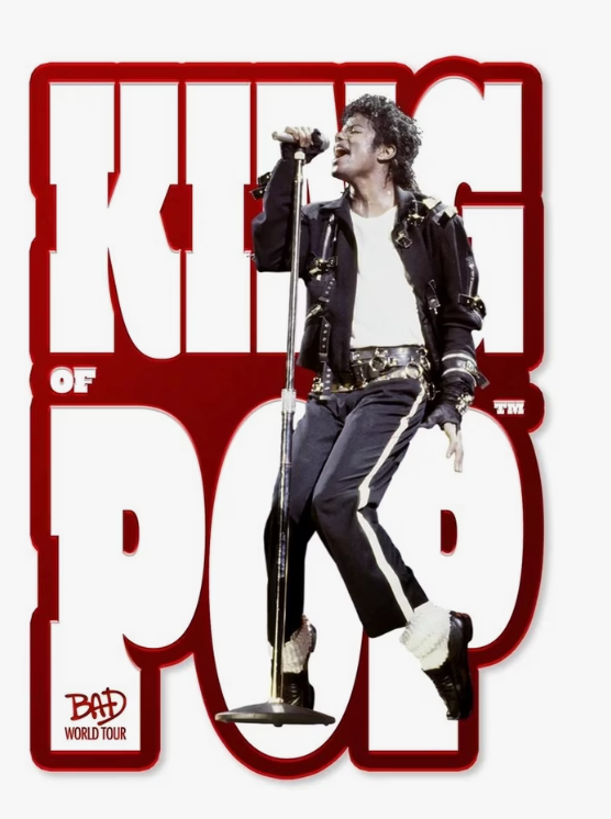 A graphic poster-style design featuring a black-and-white photo of Michael Jackson performing on stage, overlaid with large white text outlined in dark red reading 'King of Pop,' plus a small 'Bad World Tour' logo in the lower left.