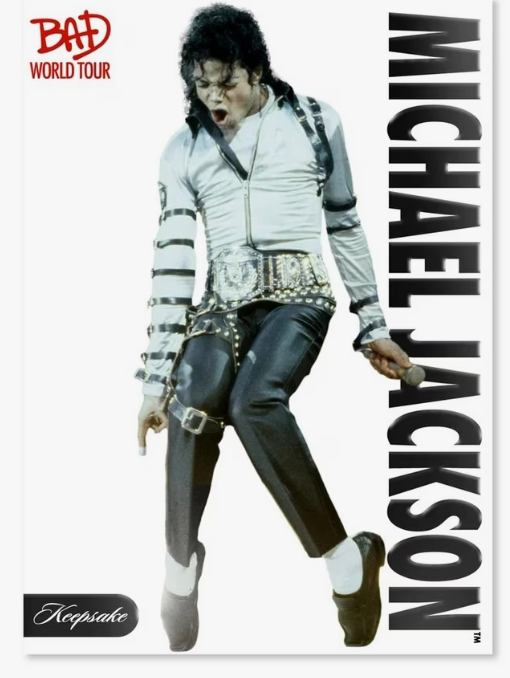 A collectible card featuring Michael Jackson's 'Bad World Tour' performance, showing him in a white and black striped jacket and black pants against a white background, with 'MICHAEL JACKSON' printed vertically on the right and 'BAD WORLD TOUR' at the top left.