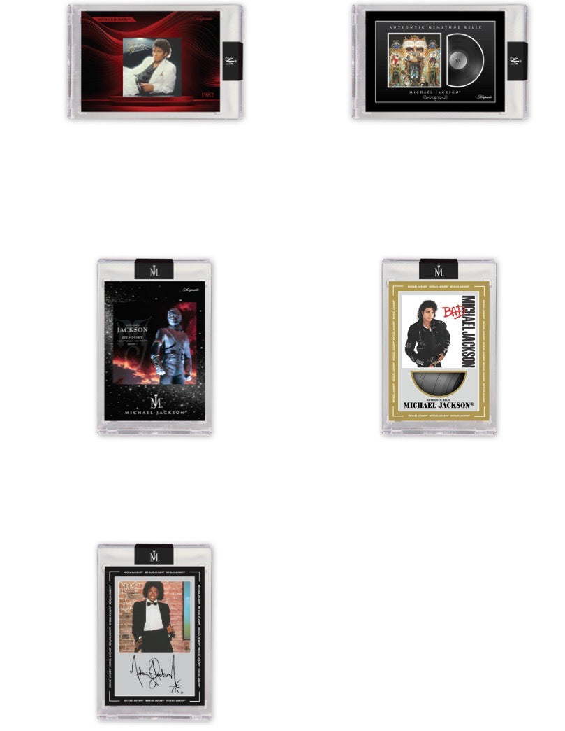 Michael Jackson trading cards in clear protective cases, arranged on a plain white background. The cards feature different designs, including a red-bordered portrait card, a black-bordered collectible insert card, a dark fantasy-themed card, a gold-bordered 'World Tour 1989' card, and an autographed card.