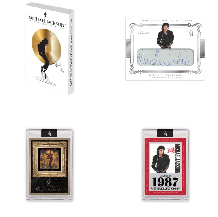 Michael Jackson memorabilia items displayed on a white background: a white box with a gold circular design, a signed photo card, a framed art piece in a clear case, and a red-bordered 1987 photo card in a clear case.
